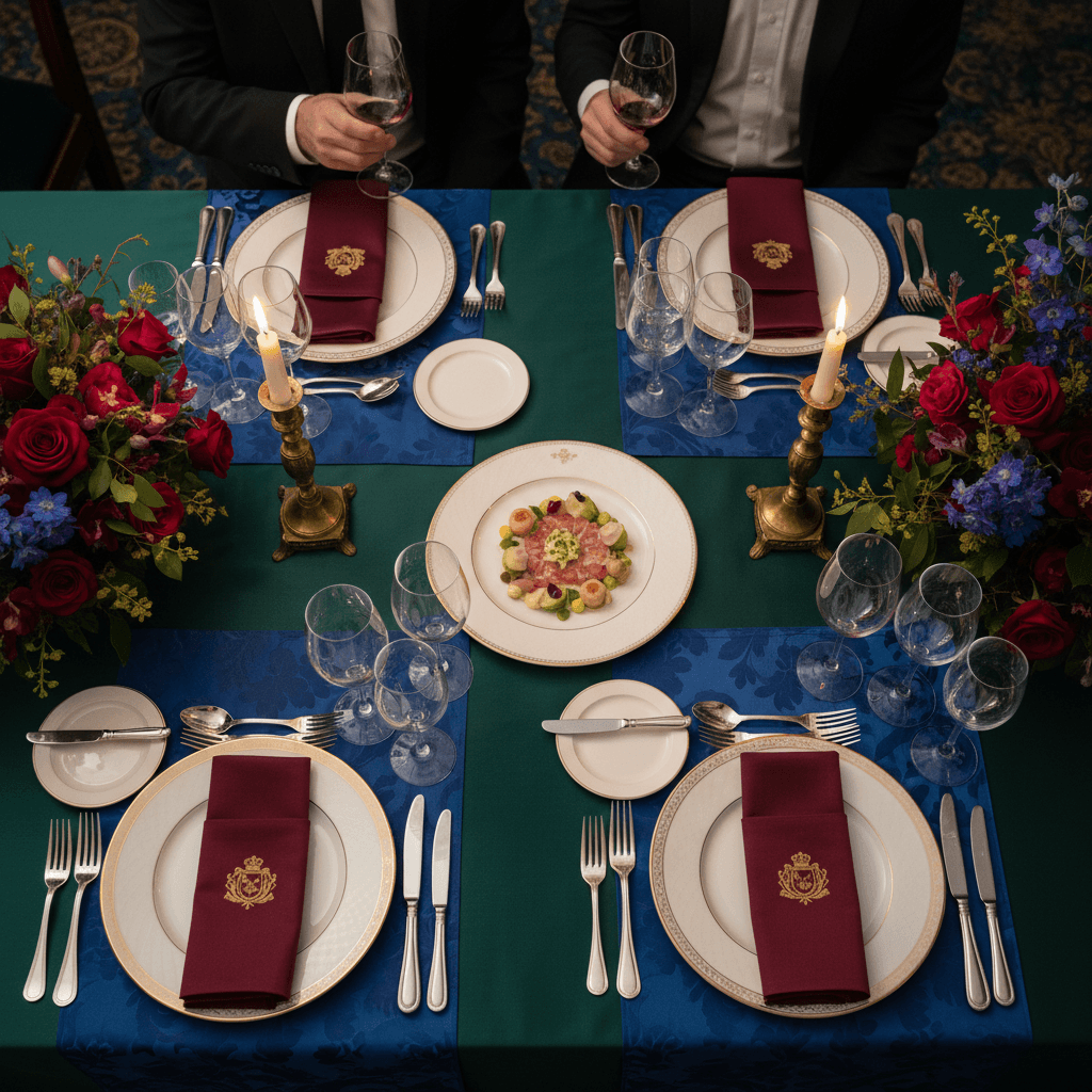 Elegantly set table with Flor de Yema plated course