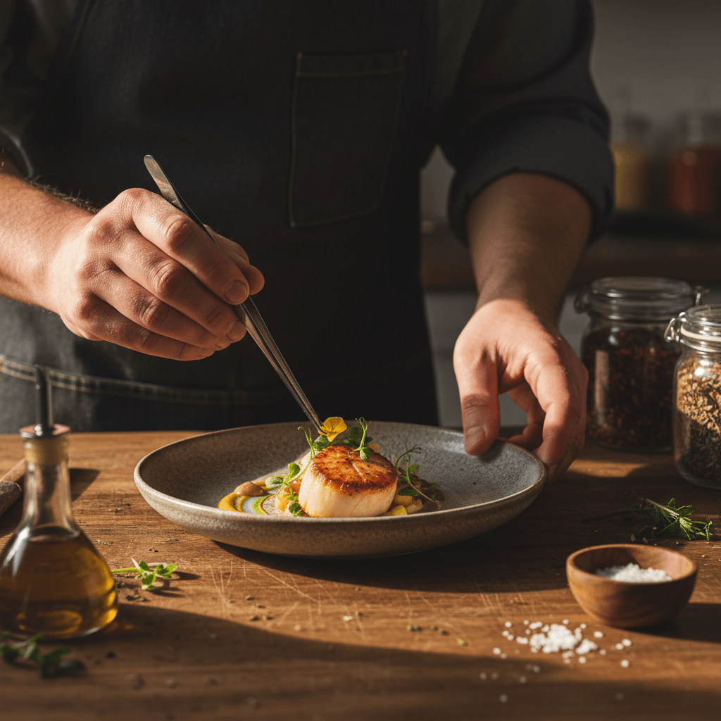 Chef's hands carefully plating a signature dish