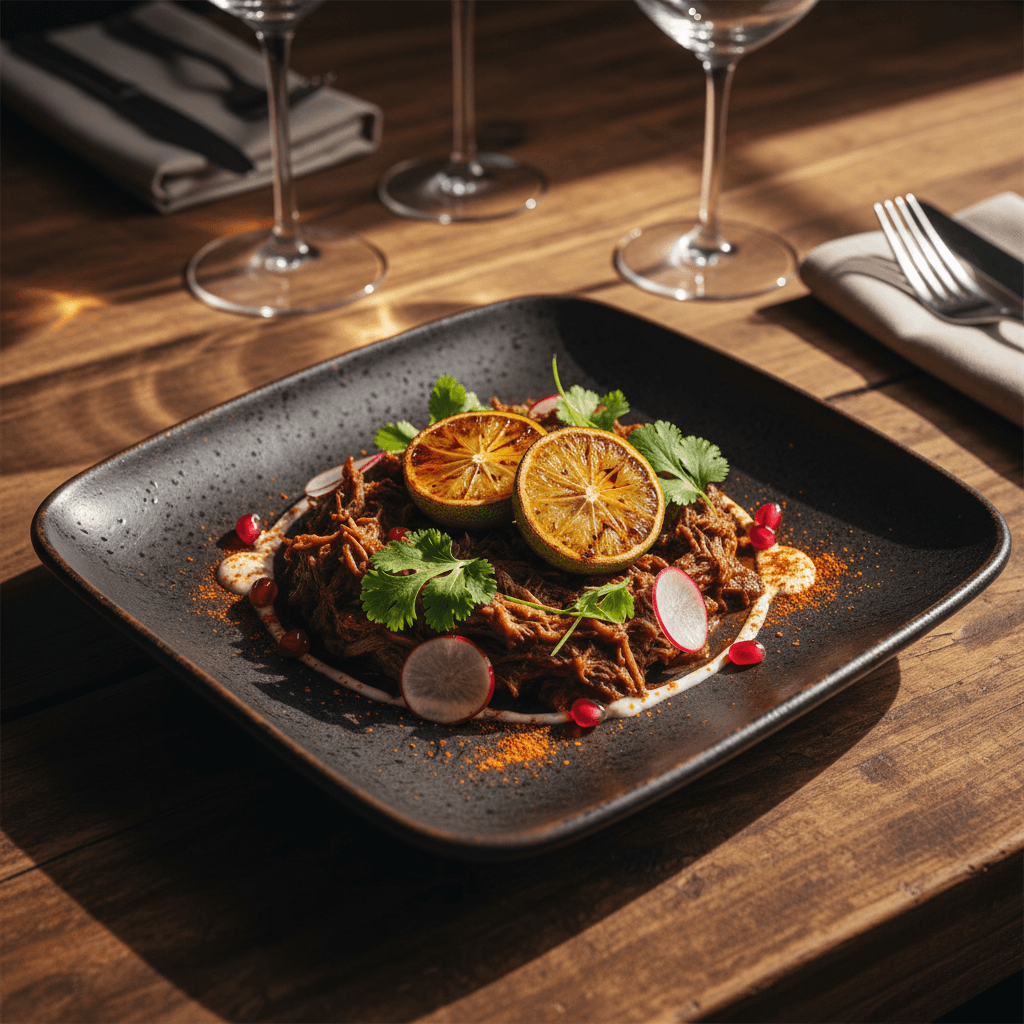 Contemporary Mexican plated dish with fresh garnishes and precise culinary presentation