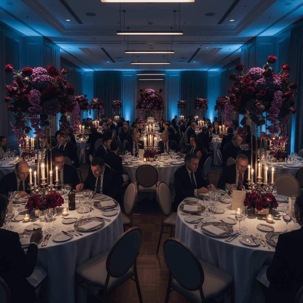 Formal corporate event dining setup with guests