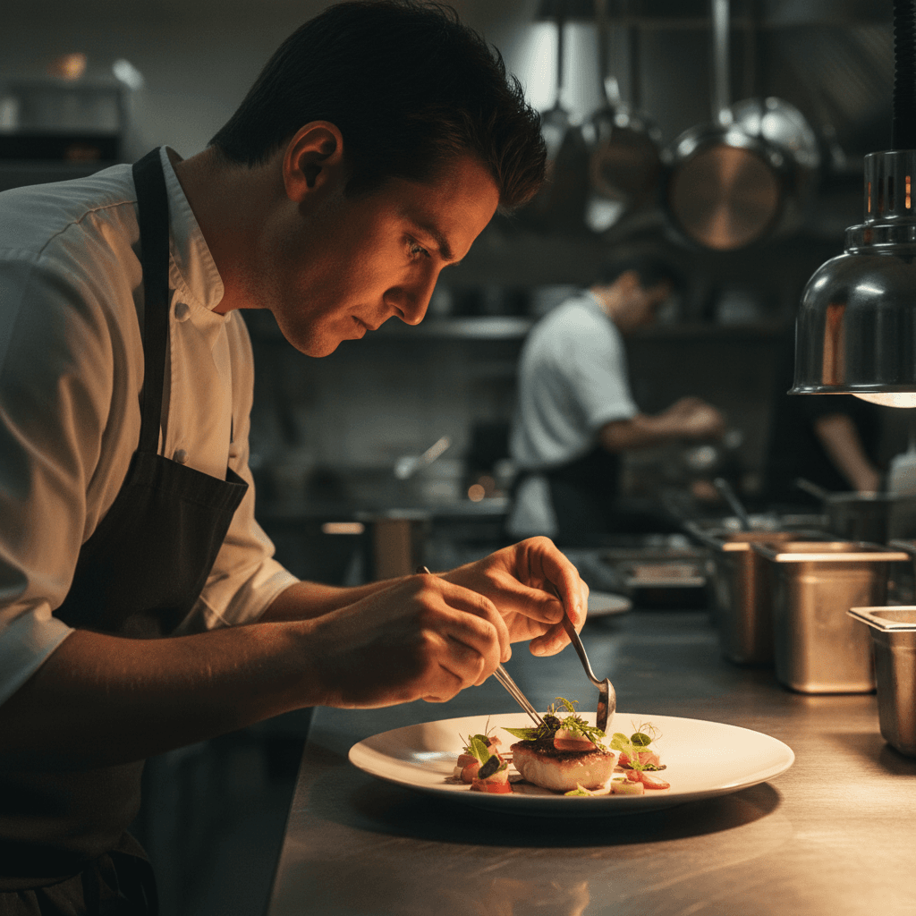 Executive Chef preparing plated course with precision