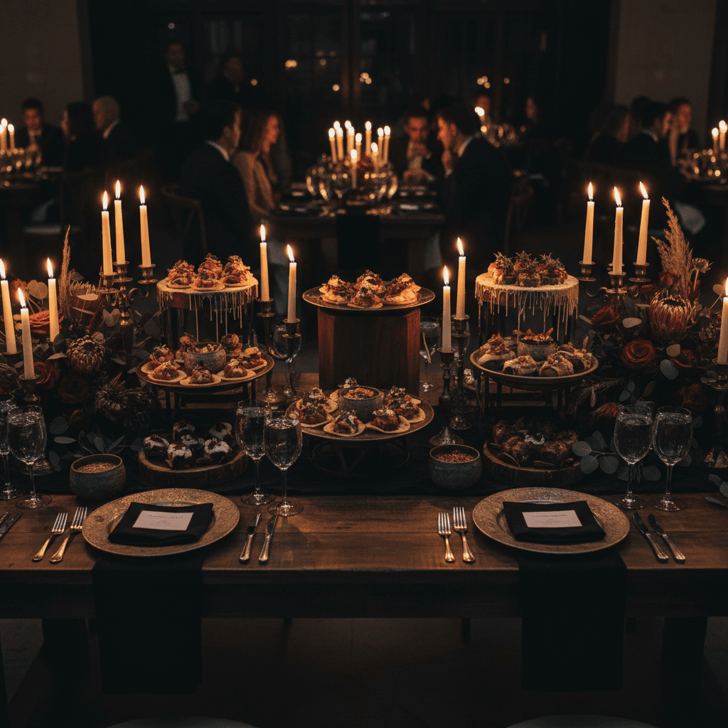 Elegant catering display with contemporary Mexican cuisine for wedding reception