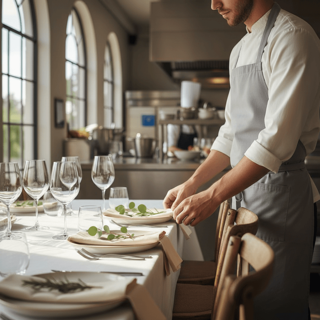 Event team member carefully preparing table settings with professional attention to detail