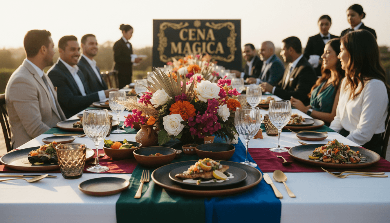 Elegantly plated Mexican cuisine served at a luxury outdoor event with warm golden lighting