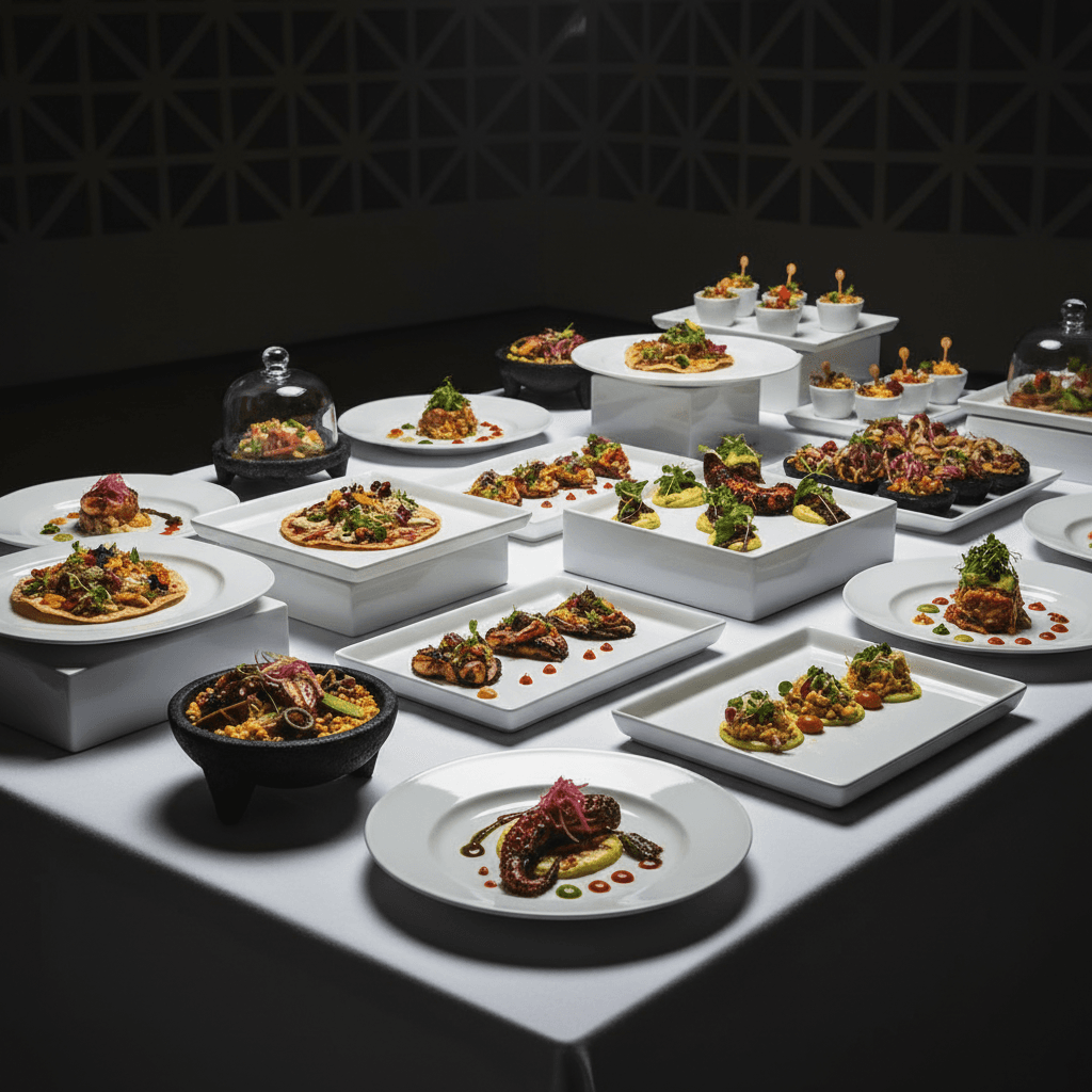 Corporate event catering display with refined Mexican dishes and modern presentation