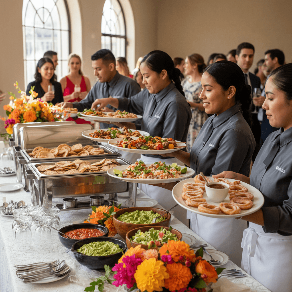 Professional catering staff presenting dishes at wedding reception