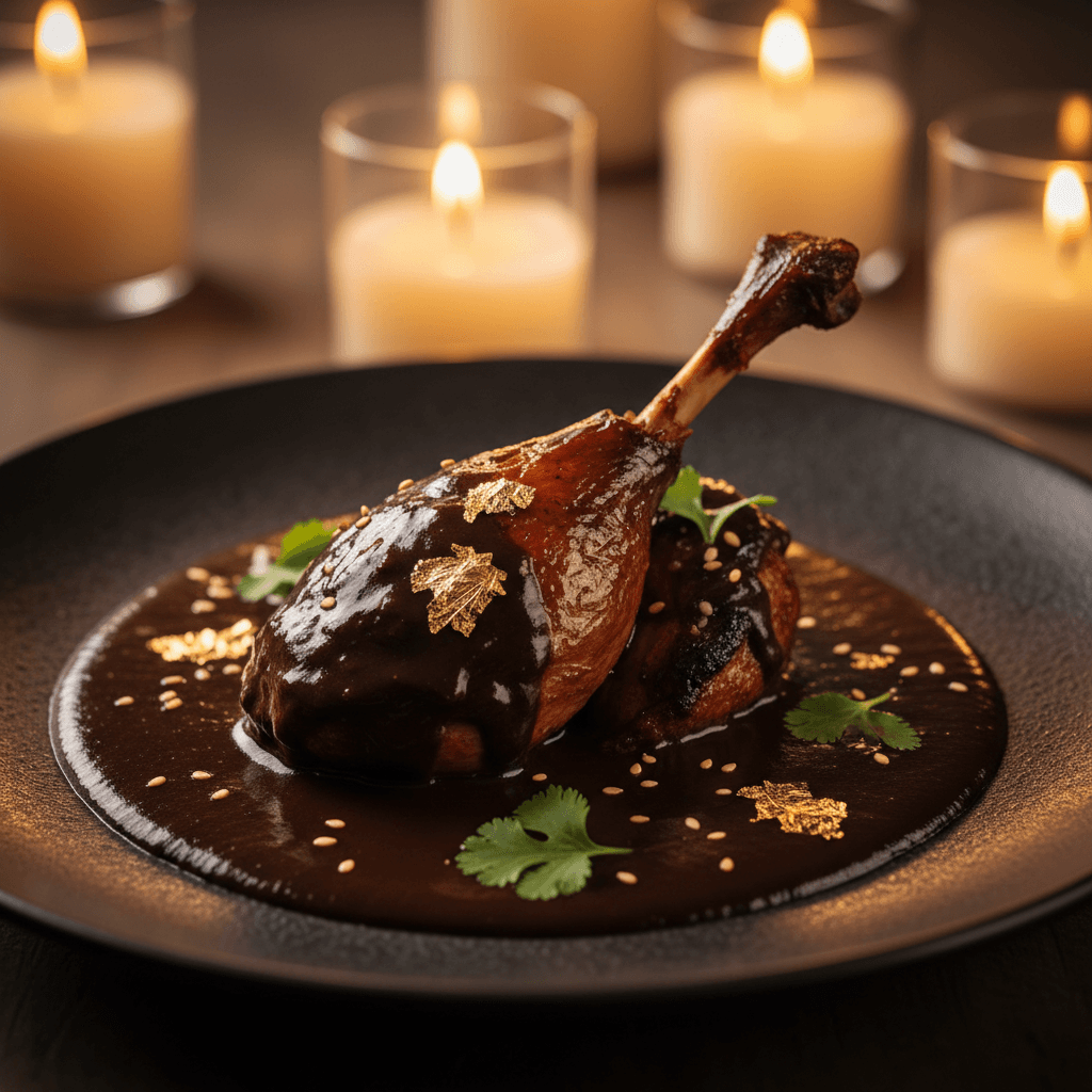 Beautifully plated mole dish with refined presentation and gold leaf
