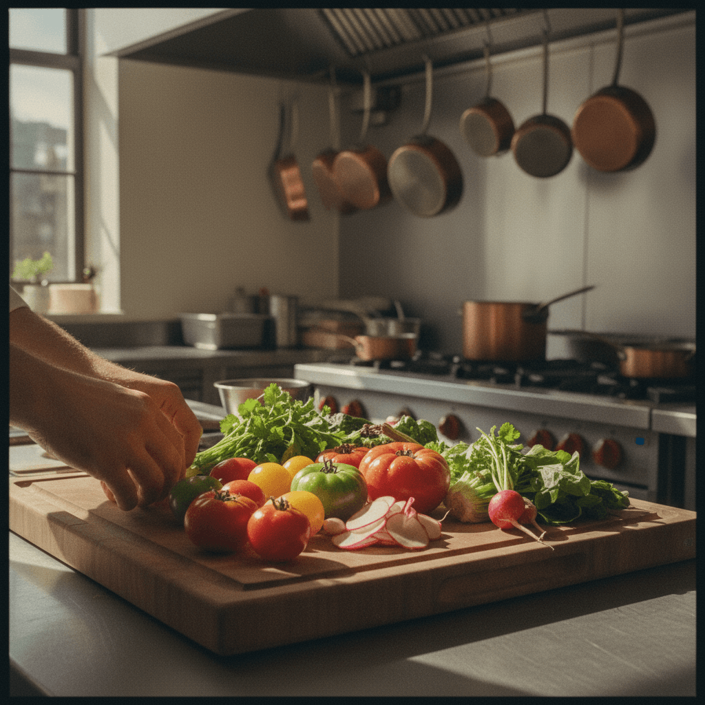Chef arranging fresh produce and ingredients on cutting board