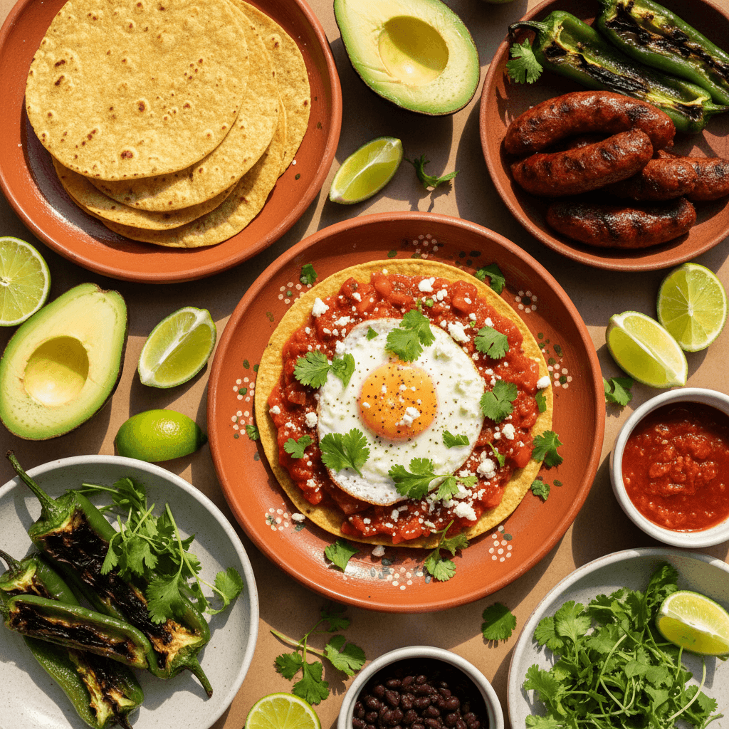 Vibrant overhead view of fresh Mexican brunch components and plated dishes