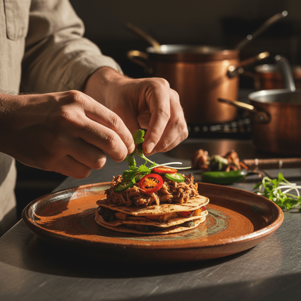 Chef plating a refined Mexican appetizer with fresh herbs
