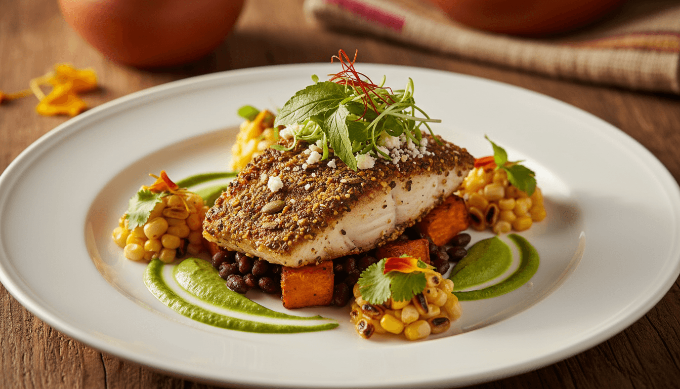 Beautifully plated contemporary Mexican cuisine with seasonal garnish and refined presentation