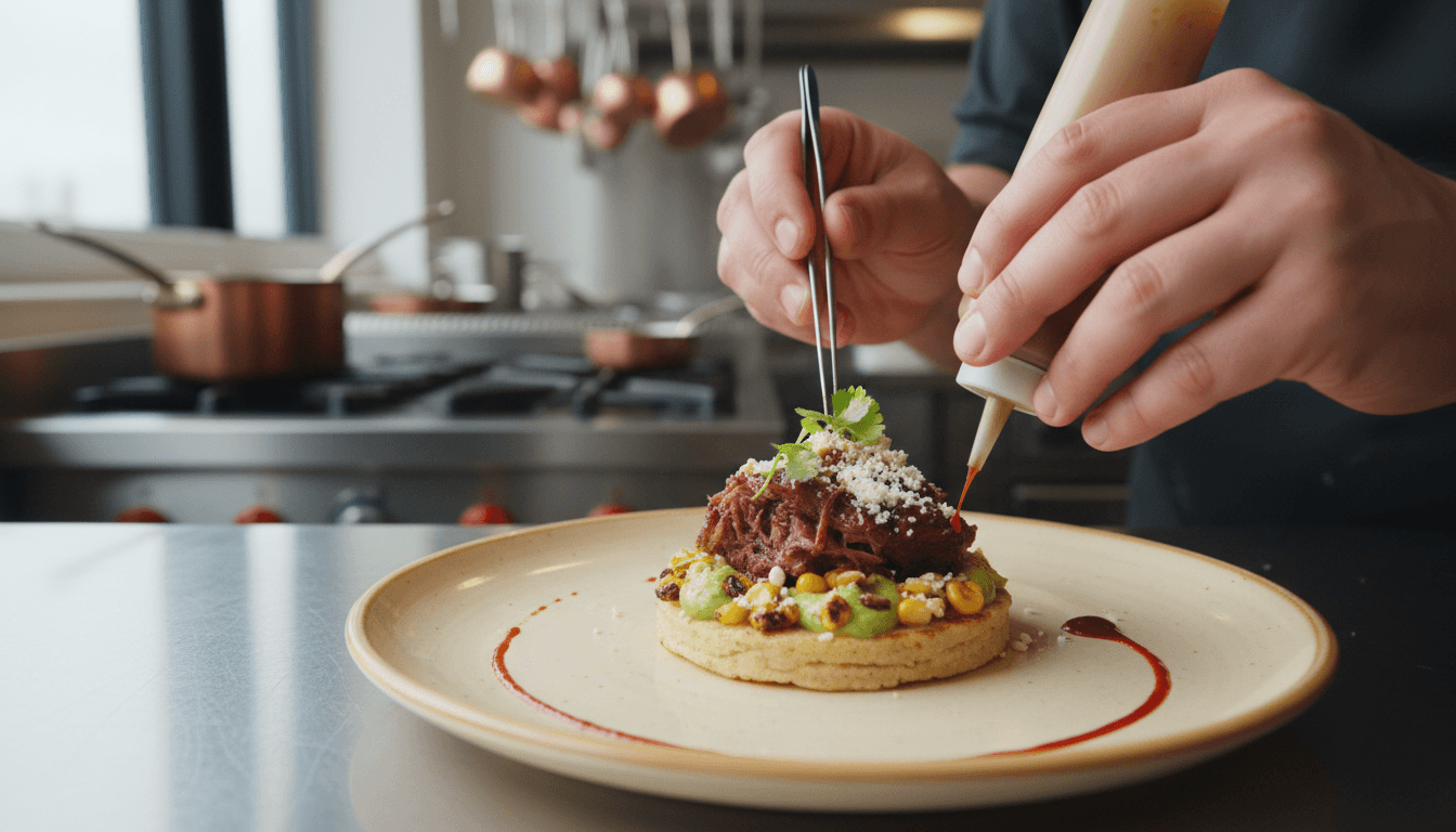 Chef carefully plating an elevated Mexican dish with fresh ingredients and fine garnish