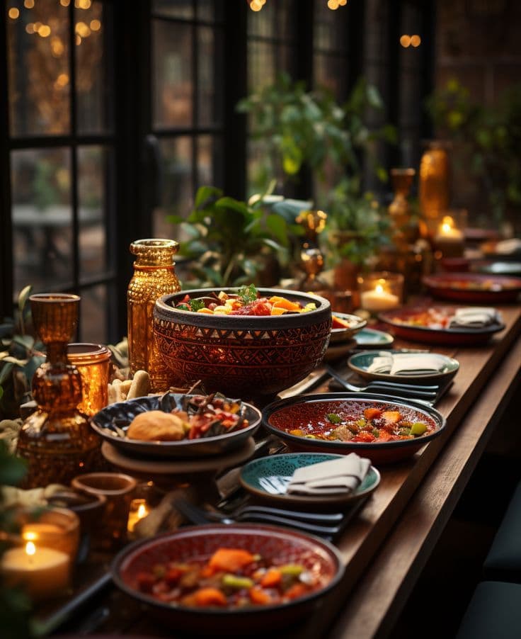 Warm candlelit dinner spread with colorful bowls of food on a long wooden table.