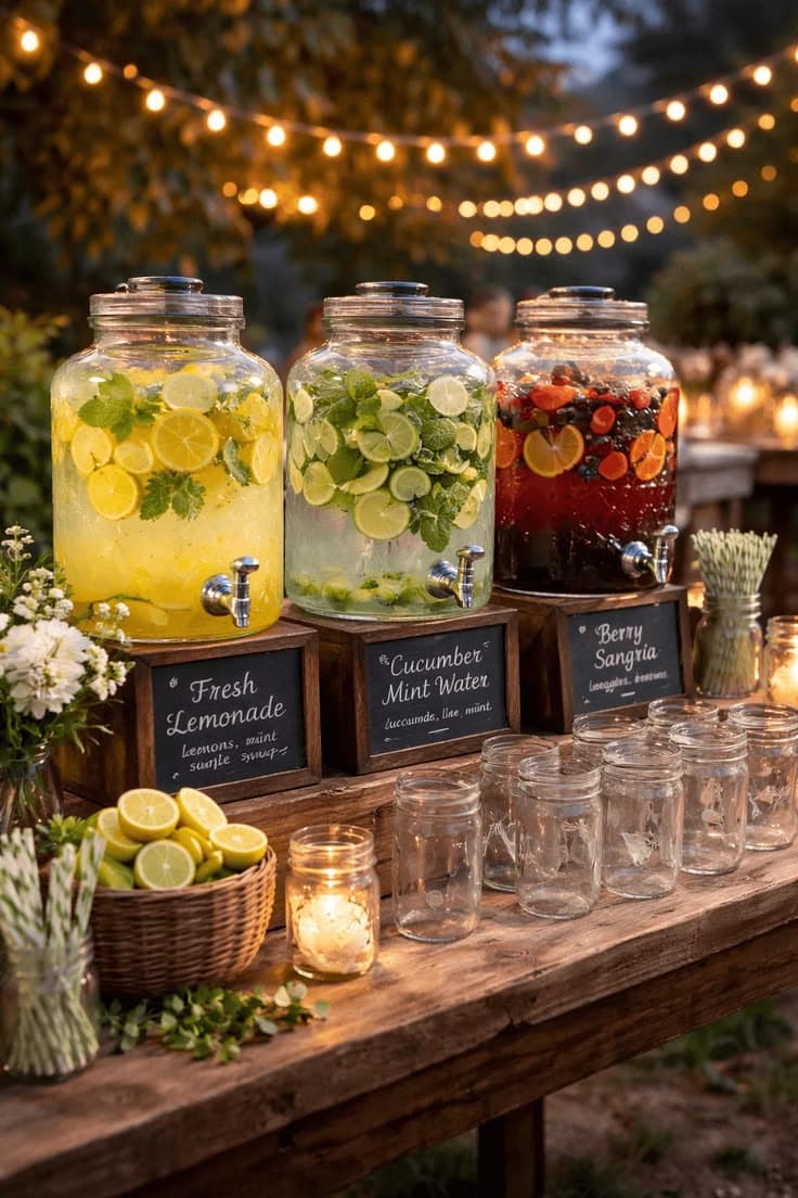 Three glass beverage dispensers with lemonade, cucumber water, and sangria under outdoor string lights.
