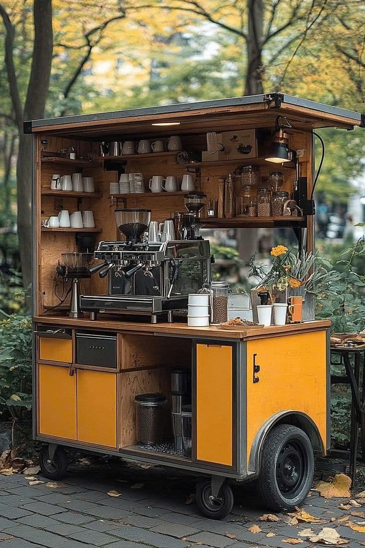 Yellow mobile coffee cart with professional espresso machine and supplies parked in a leafy park.