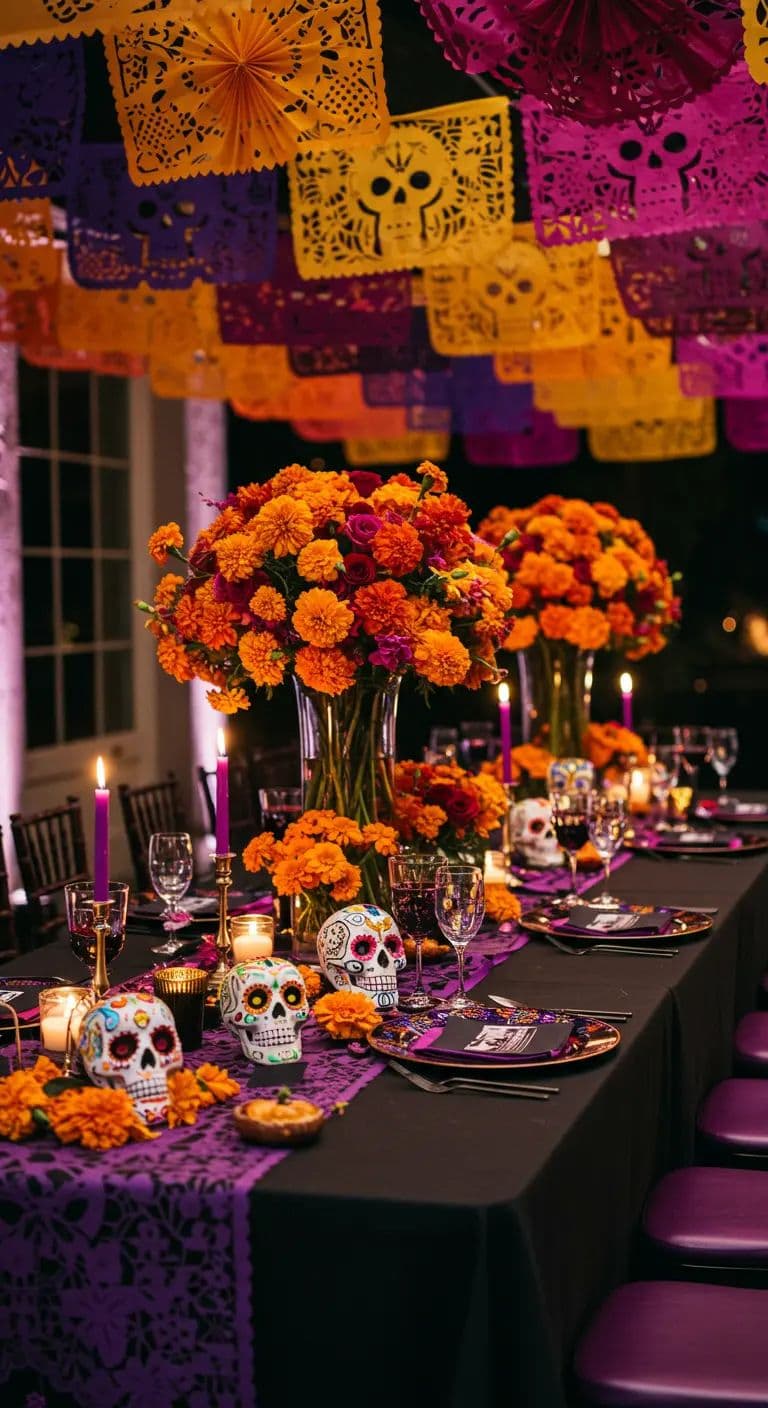 Vibrant Day of the Dead table with orange marigolds, sugar skulls, and papel picado.