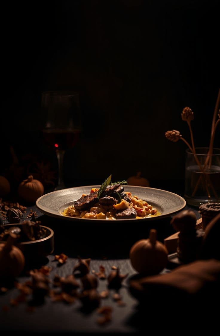 Hearty stew with mushrooms and chickpeas in a dark, moody autumn setting with wine.