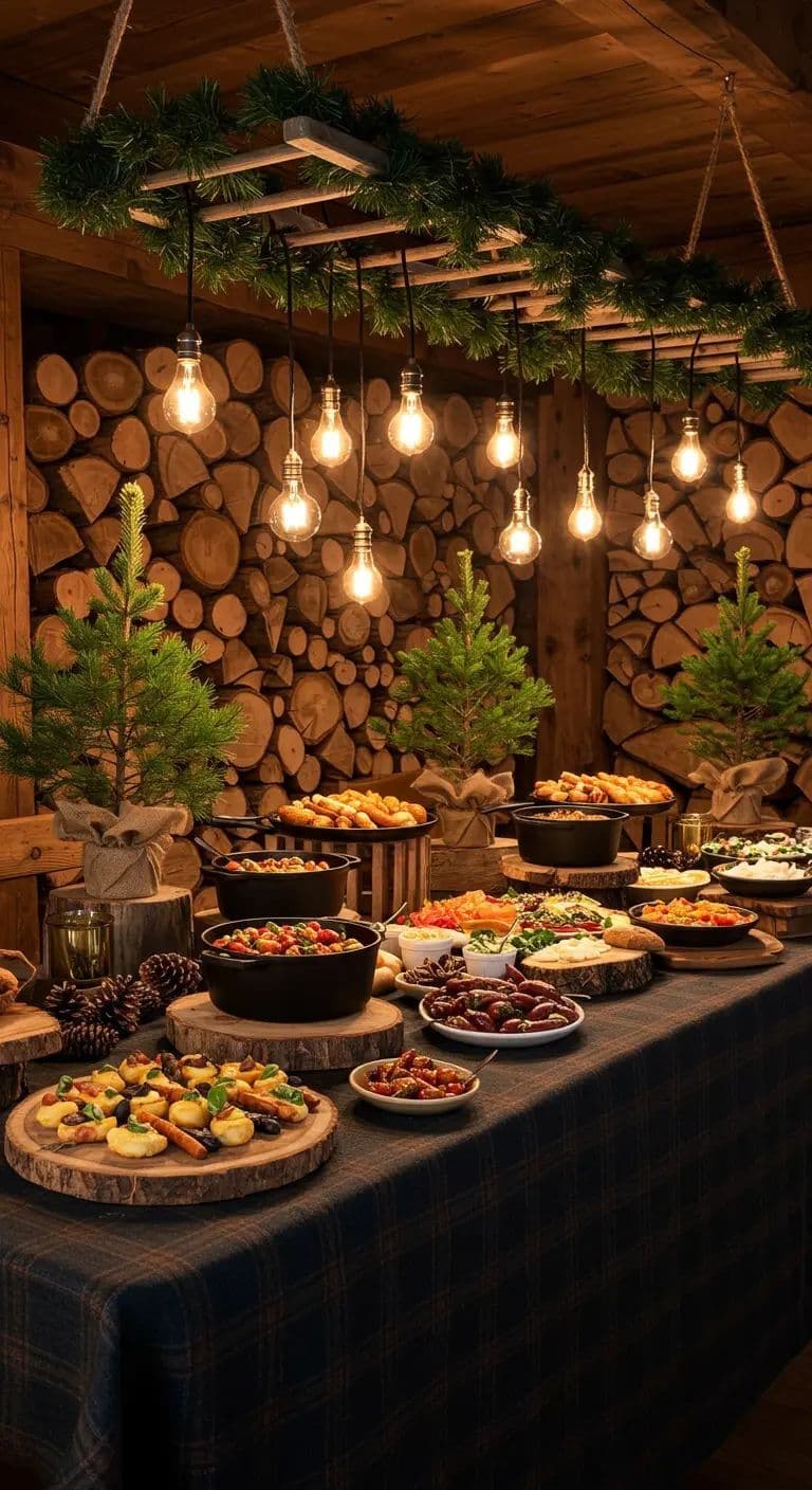 Rustic holiday buffet with various dishes under warm hanging lights against a log wall.