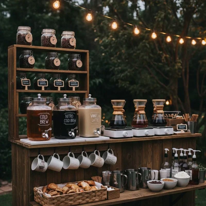 Rustic outdoor coffee bar featuring cold brew dispensers, glass carafes, pastries, and hanging string lights.