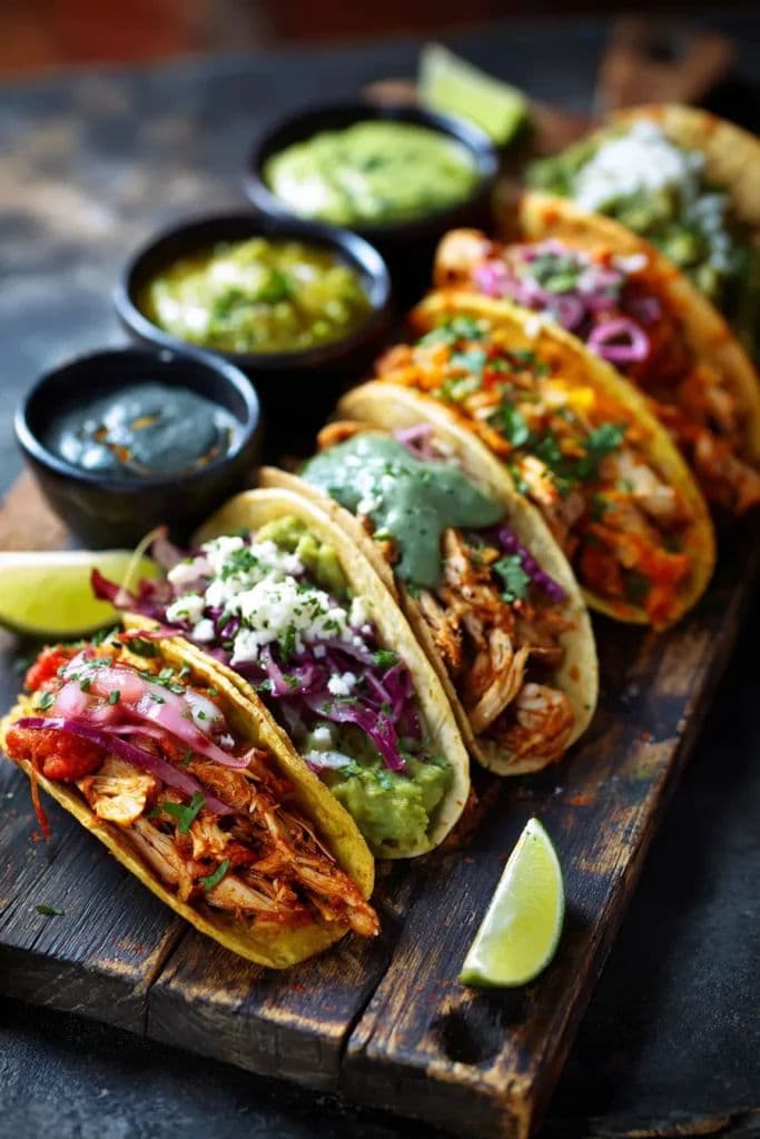 Colorful variety of tacos with fresh toppings and salsas on a rustic wooden board.